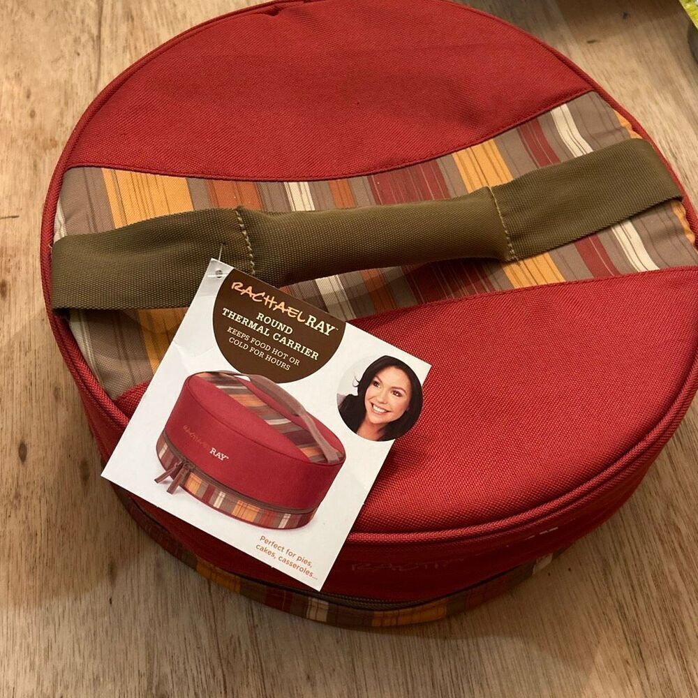 New Rachel Ray round thermal carrier keeps foods hot or cold red